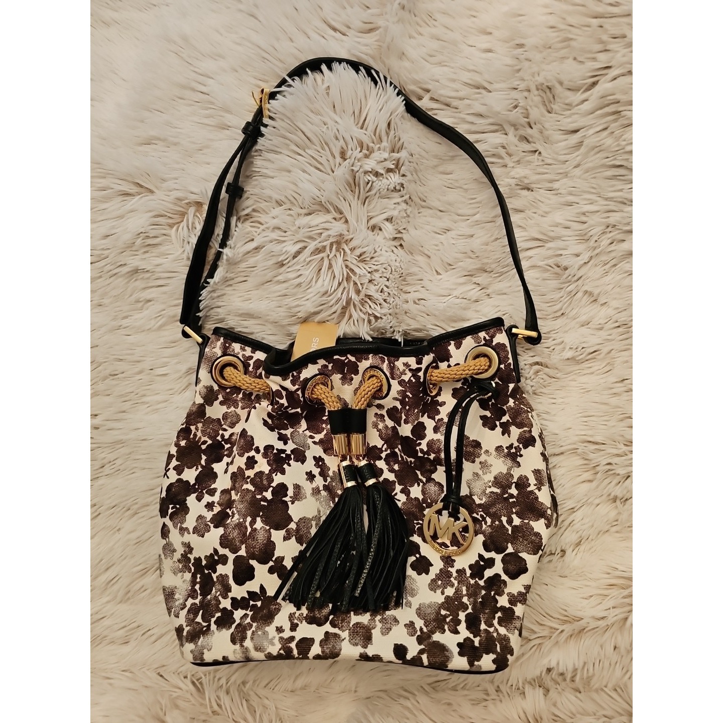 Michael Kors Marina Drawstring Canvas Brown Floral Print Shoulder Bucket Bag Nwt